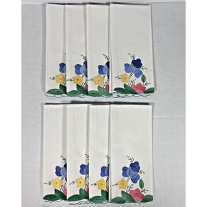 Set of 8 VTG Linen Tea Hand Towels Napkins White Multicolor Embroidered Florals